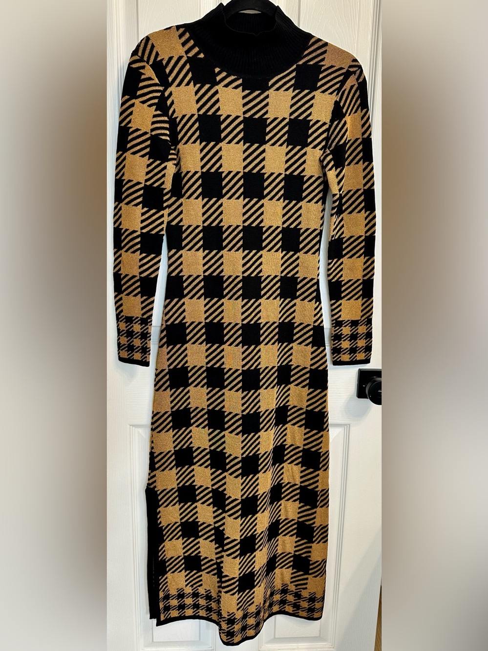 Temperley London Black and Gold Check Knit Long Sleeve Dress *Repair